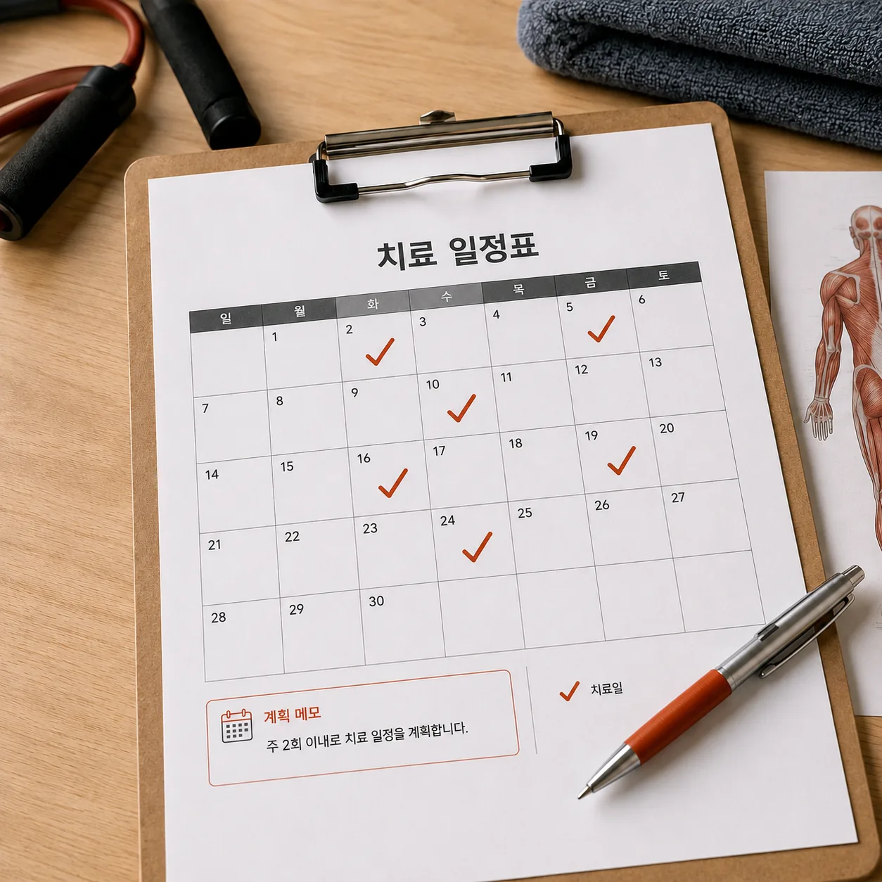 도수치료 연간 15회를 주 2회 이내로 배분해 표시한 치료 일정표