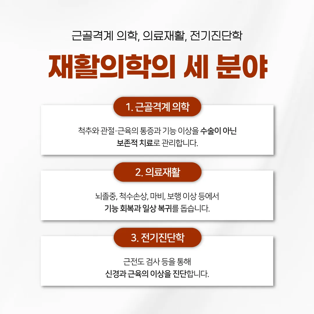 재활의학의 세 분야인 근골격계 의학, 의료재활, 전기진단학을 정리한 도식