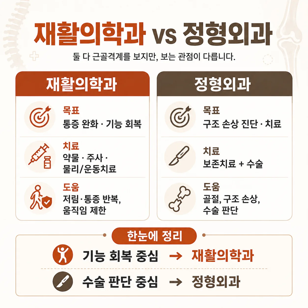 재활의학과와 정형외과의 치료 목표와 수단 차이를 비교한 인포그래픽