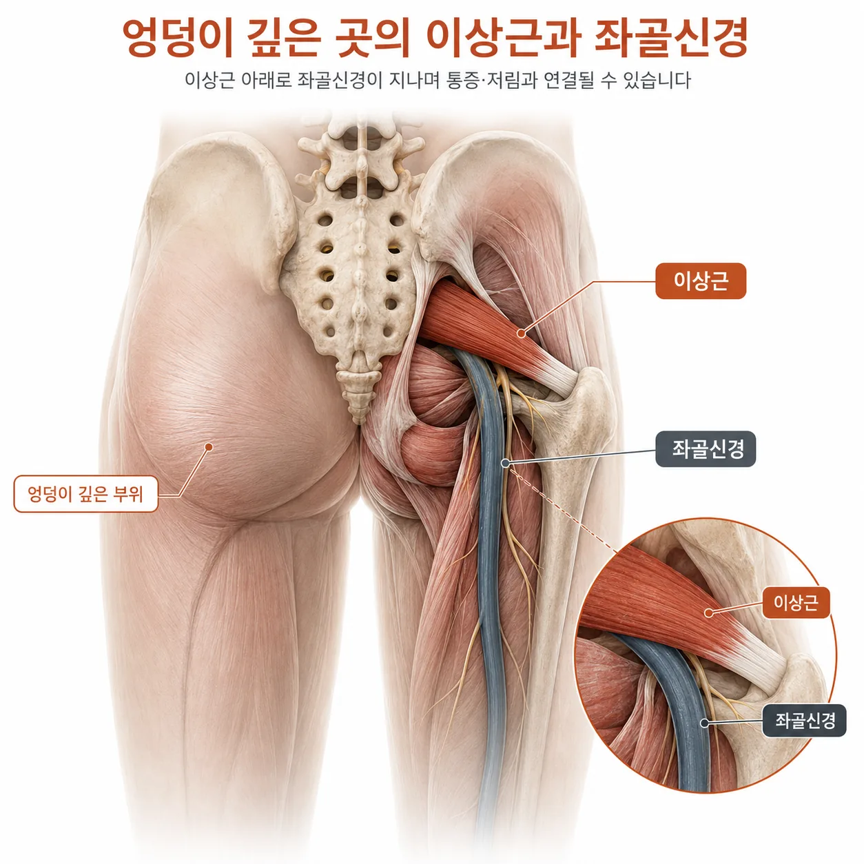 이상근과 좌골신경의 위치를 보여주는 해부 도해