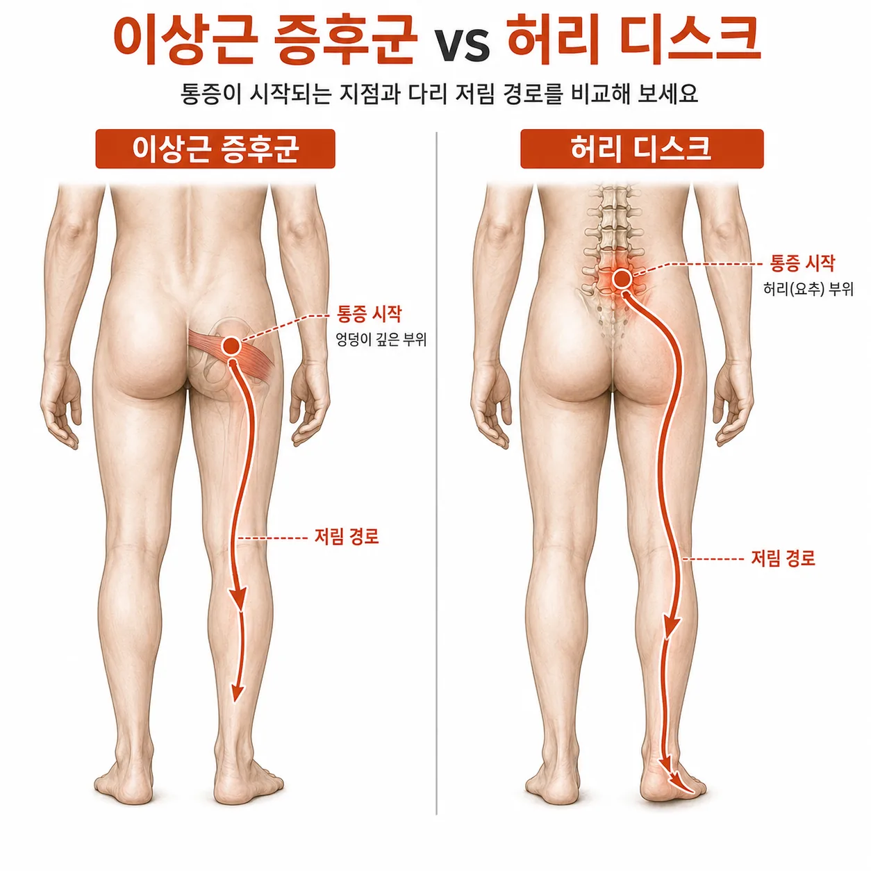 이상근 증후군과 허리 디스크의 통증 시작 지점 비교 그림