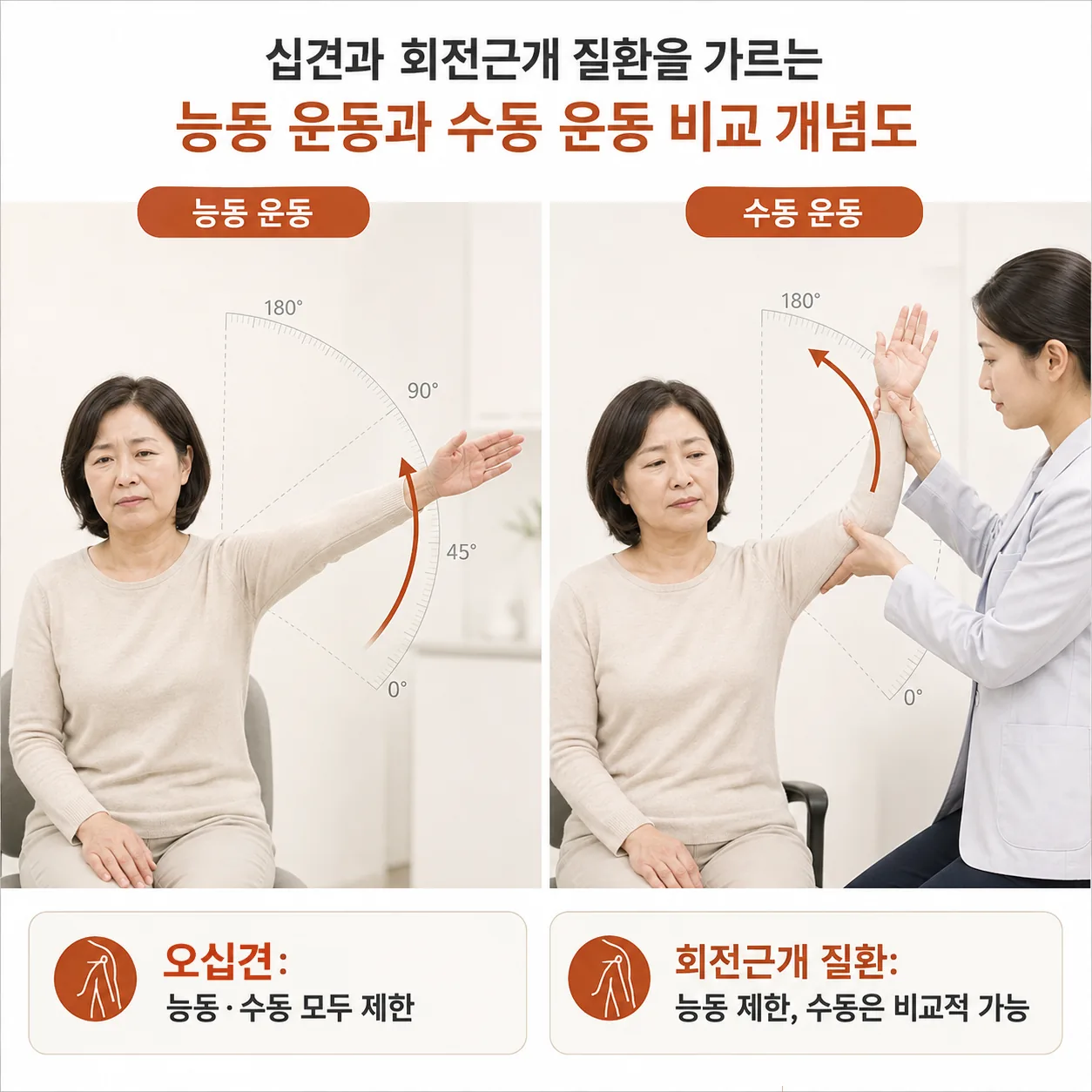 오십견과 회전근개 질환을 가르는 능동 운동과 수동 운동 비교 개념도