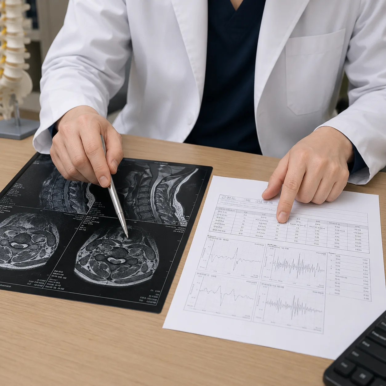 MRI 영상과 근전도 결과지를 함께 비교하는 진료 장면