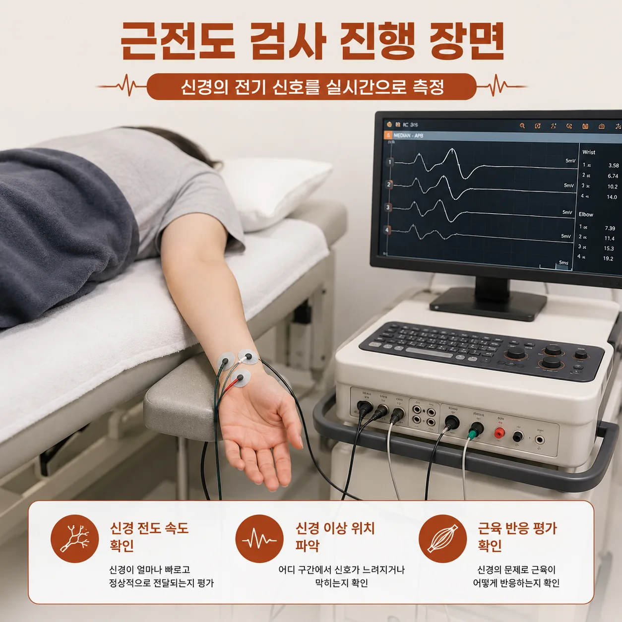 손목에 표면 전극을 붙이고 신경전도 검사를 진행하는 모습