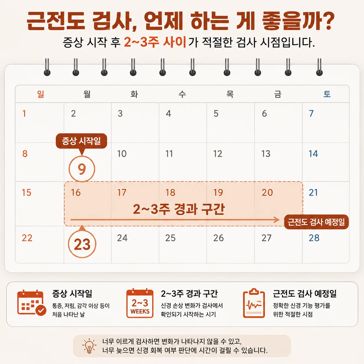 증상 시작일과 근전도 검사 시점 사이의 2~3주 간격을 표시한 그림