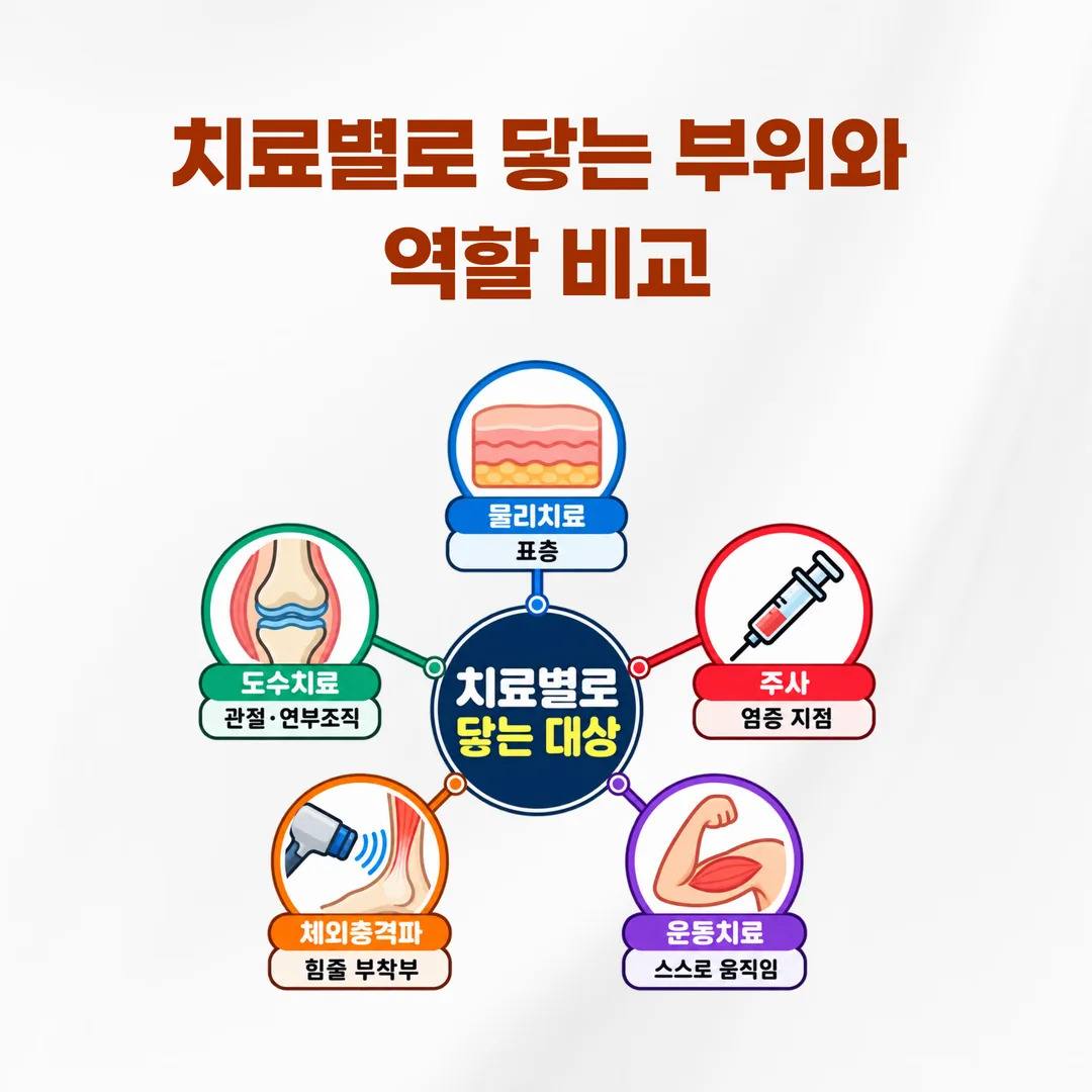 물리치료 도수치료 주사 체외충격파 운동치료가 닿는 대상 도해