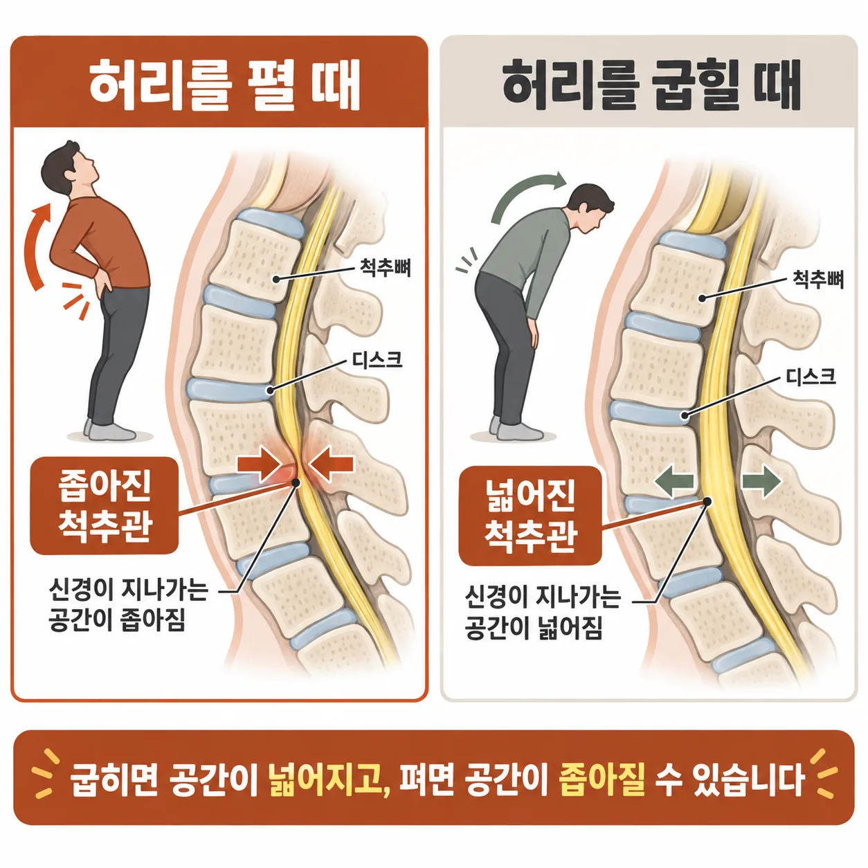 허리를 펼 때와 굽힐 때 척추관 공간이 달라지는 것을 비교한 도해