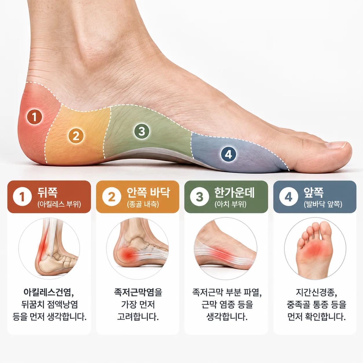 뒤꿈치 통증 위치를 네 구역으로 나눠 원인을 구분한 도식
