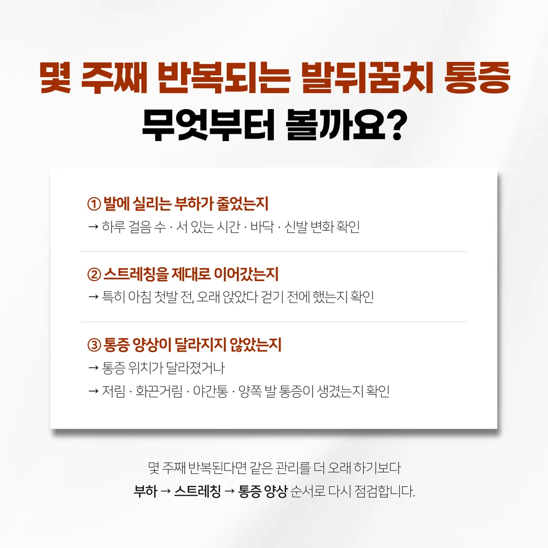 반복되는 뒤꿈치 통증을 다시 확인하는 세 가지 점검과 이후 순서를 나타낸 흐름도