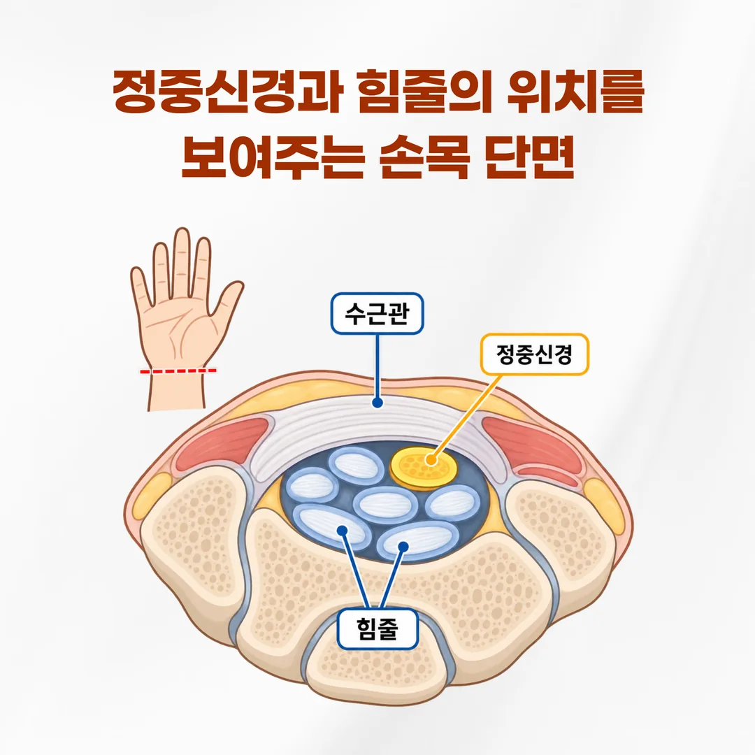 수근관 안을 지나는 정중신경, 힘줄의 위치를 보여주는 손목 단면 개념도
