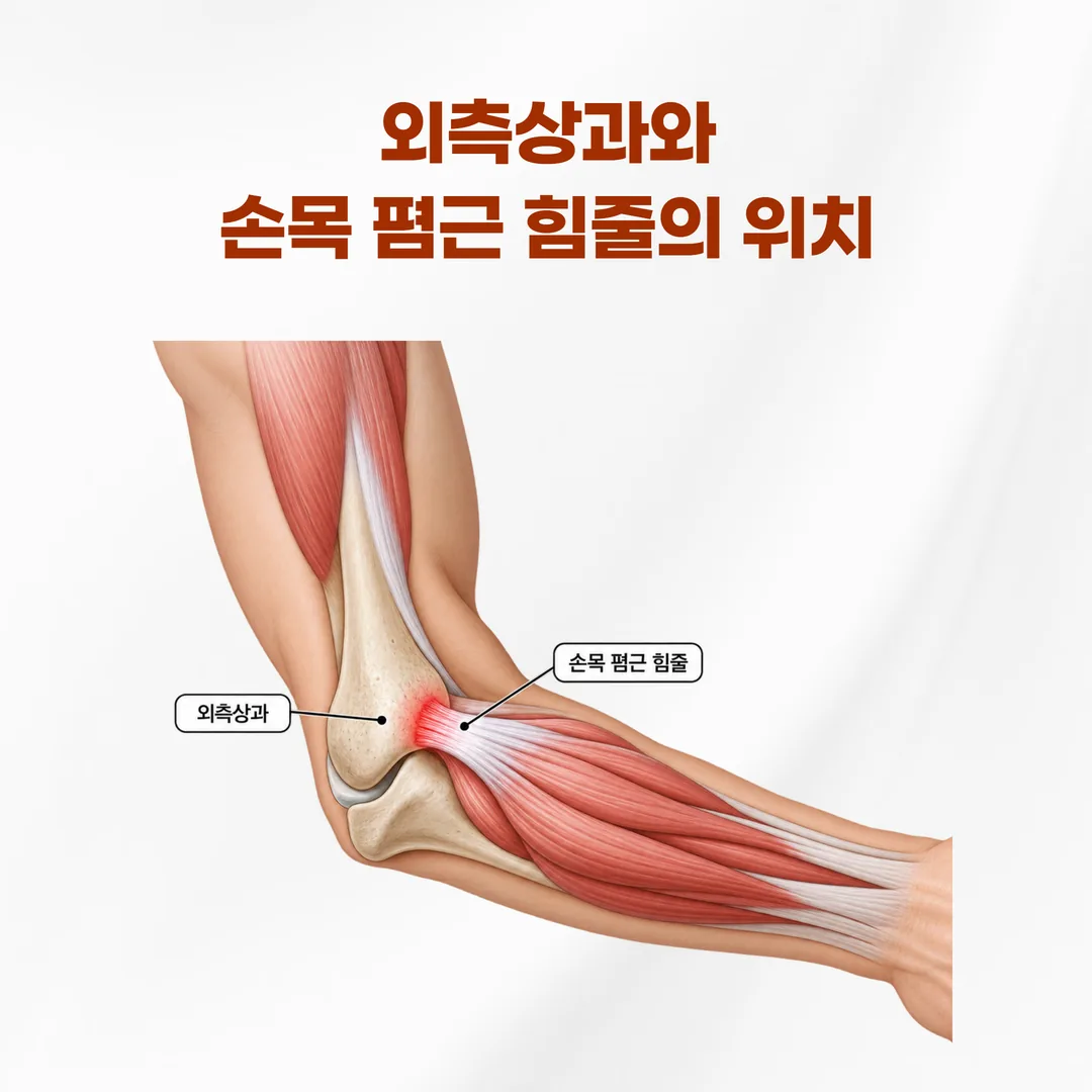 팔꿈치 바깥쪽 외측상과에 손목을 펴는 근육의 힘줄이 붙는 위치를 표시한 도해