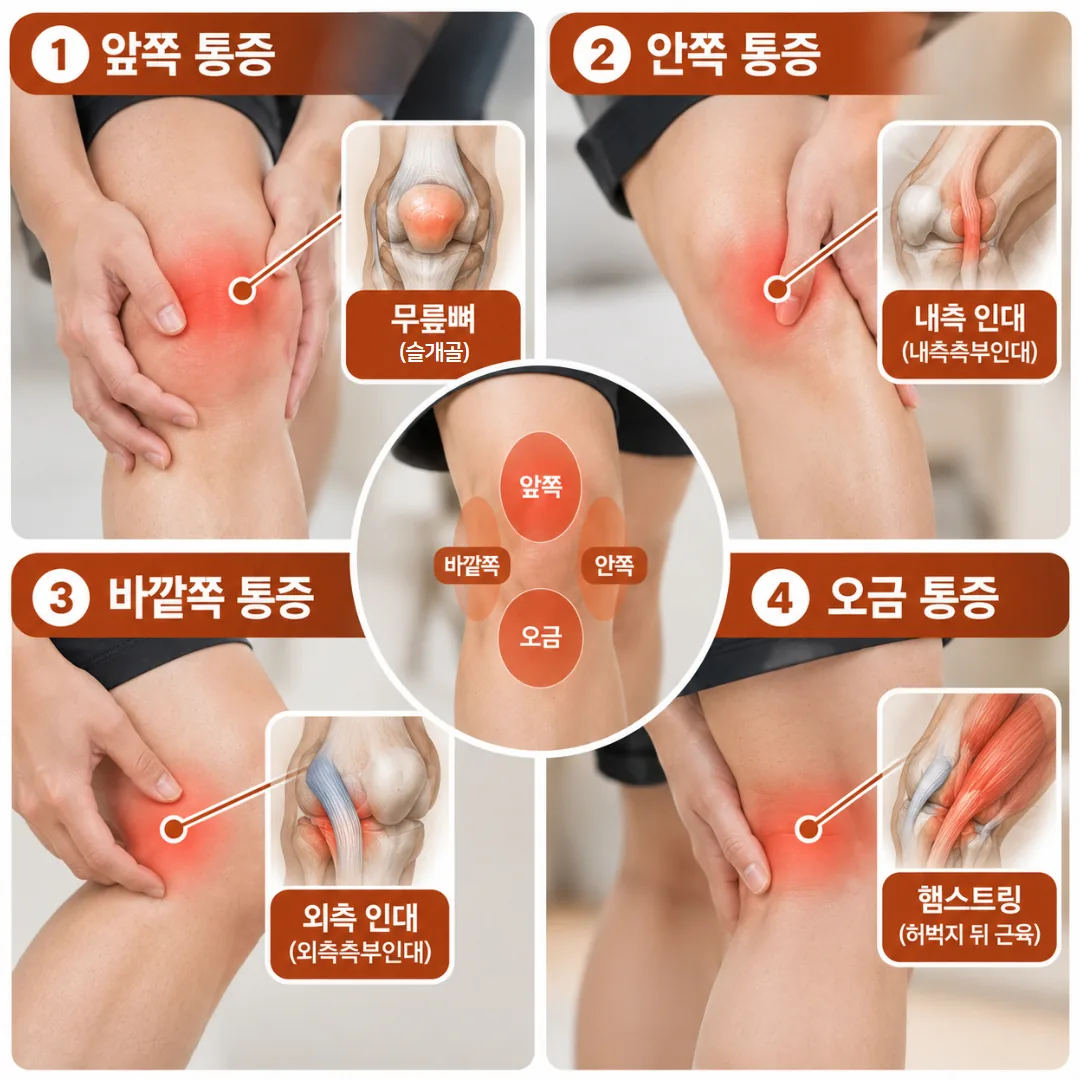 무릎 통증 자리를 앞쪽 안쪽 바깥쪽 오금으로 나눠 먼저 확인하는 구조물을 표시한 개념도