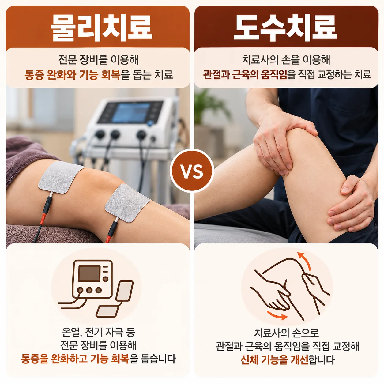 물리치료와 도수치료의 차이를 장비와 손으로 나눠 보여 주는 개념도