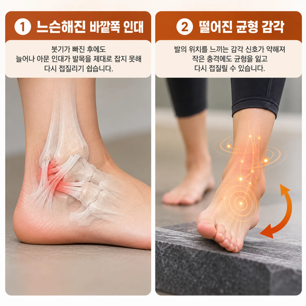 같은 발목을 자꾸 접질리는 두 가지 이유, 느슨해진 인대와 떨어진 균형 감각